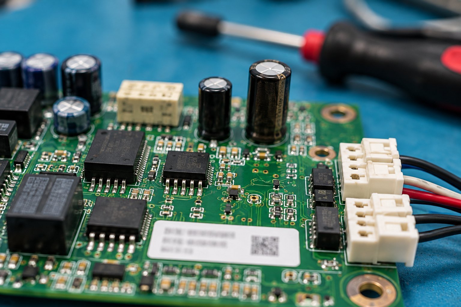Close view of a populated control board on a blue workbench