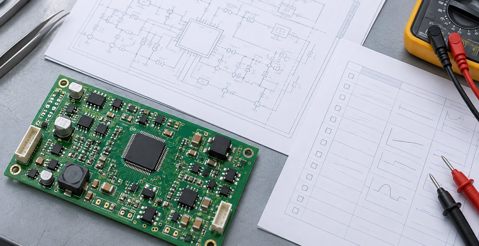 Circuit board beside schematic and test documentation