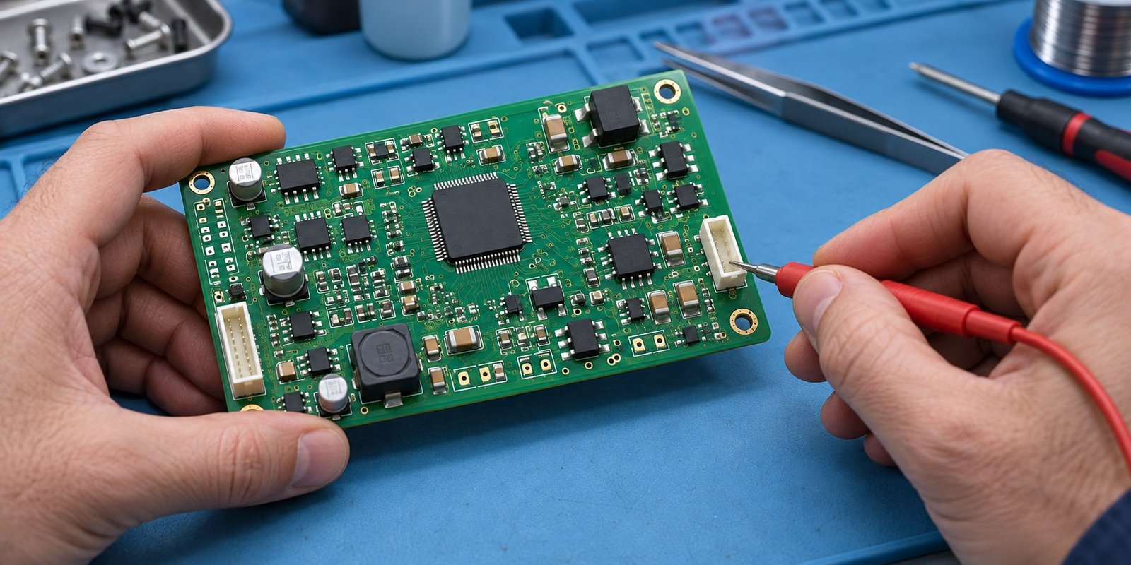 Technician inspecting a control board and connector