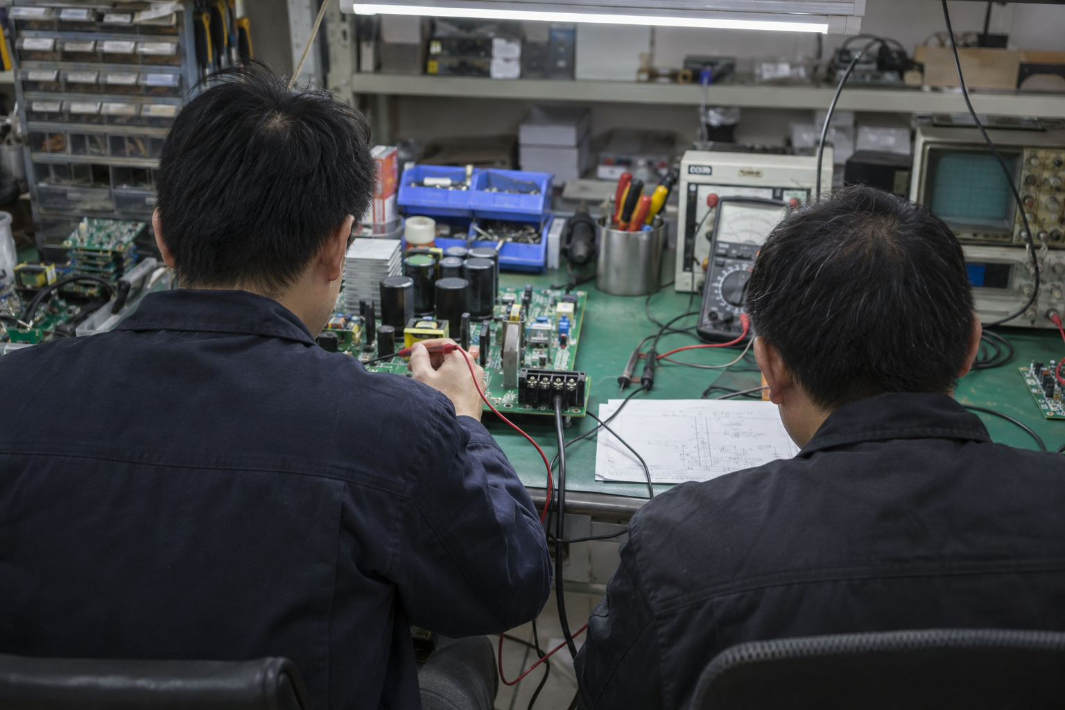 Asian technicians working at a PCB repair bench