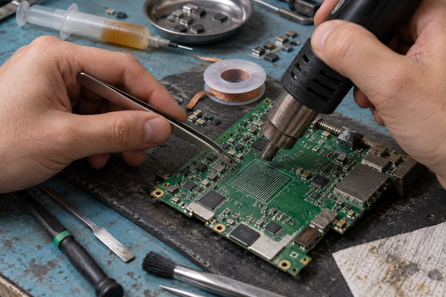 BGA rework using hot air and tweezers on a circuit board