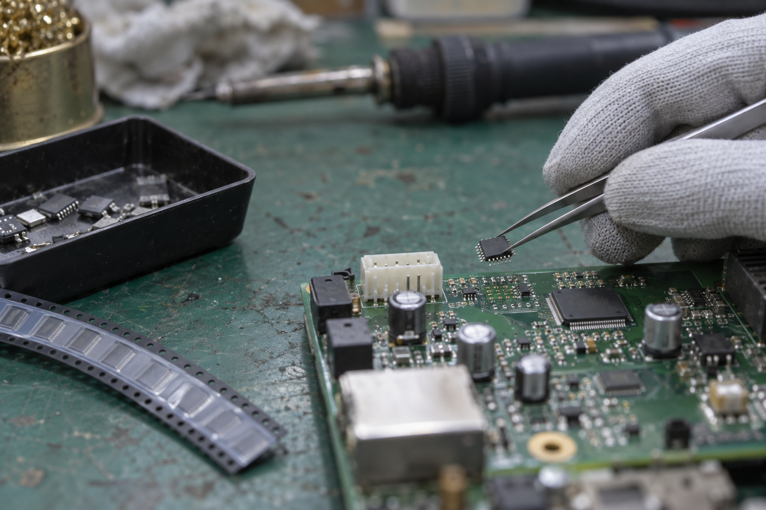 Component replacement using tweezers on a printed circuit board