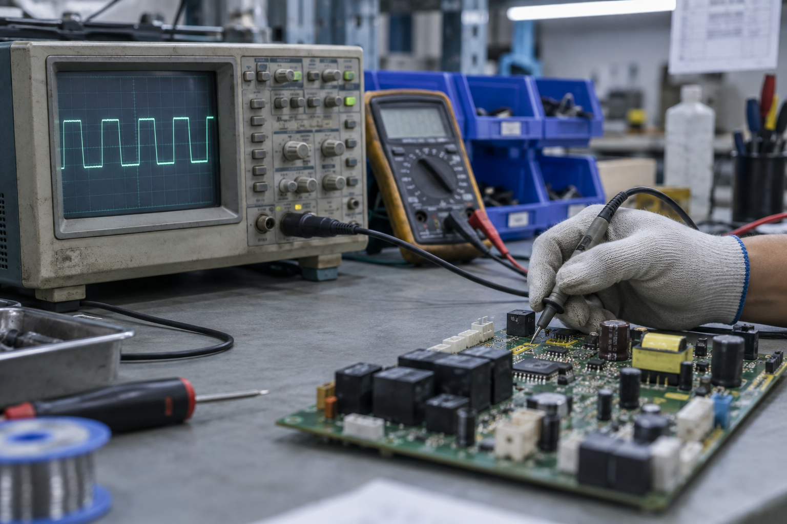 Circuit board fault diagnosis with a probe and oscilloscope