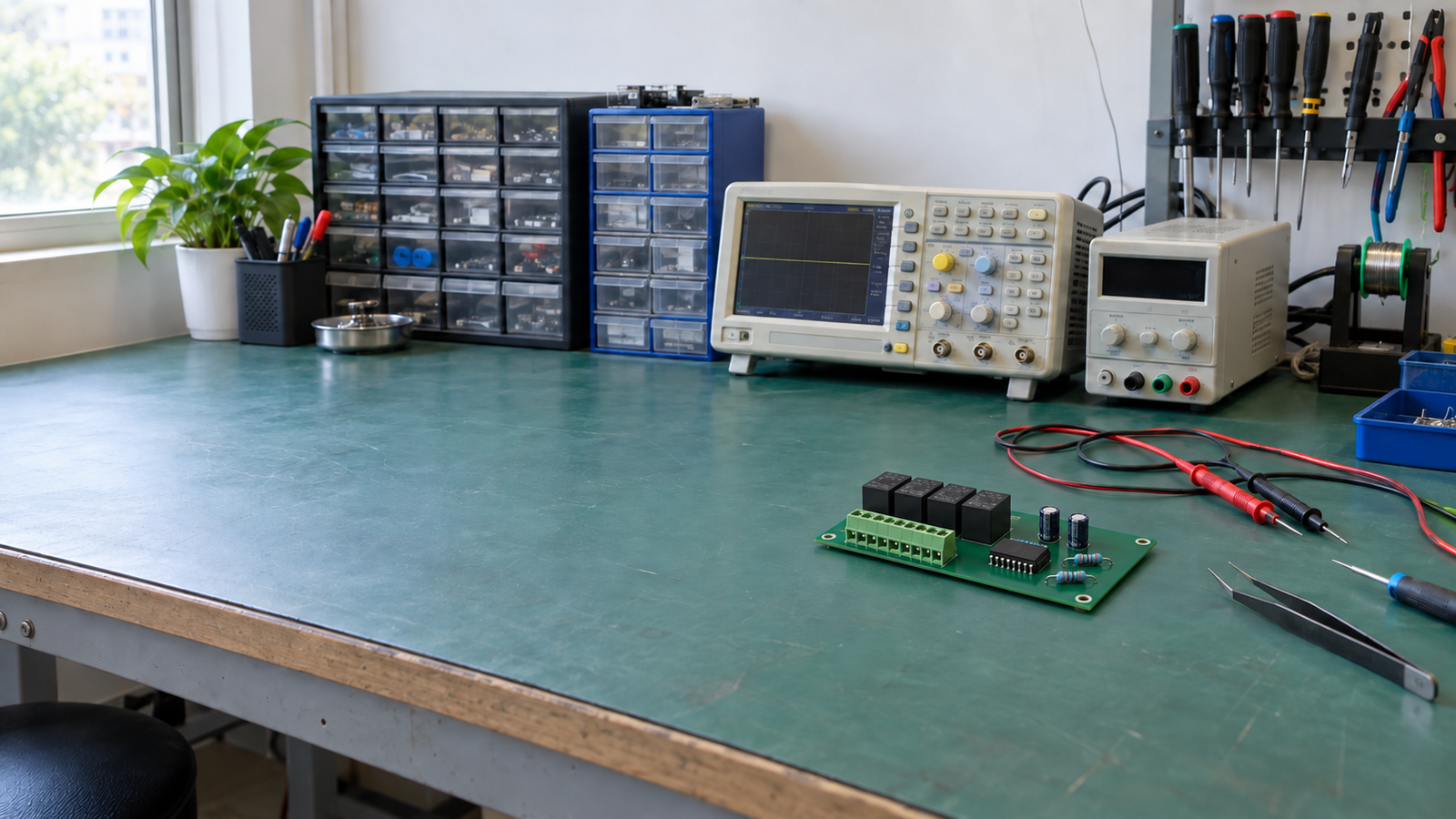 Small control board and test instruments on a PCB repair workbench