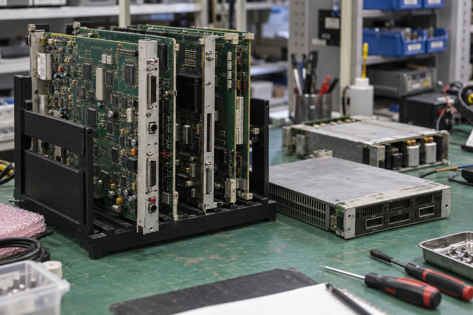 Upright industrial control boards on a repair bench