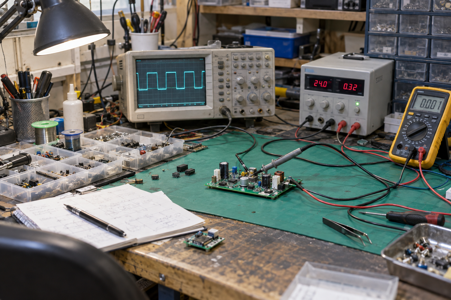Test and measurement instruments at a PCB repair workbench