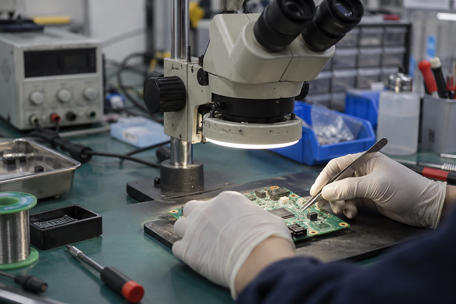 Microscope inspection of a circuit board at a repair bench