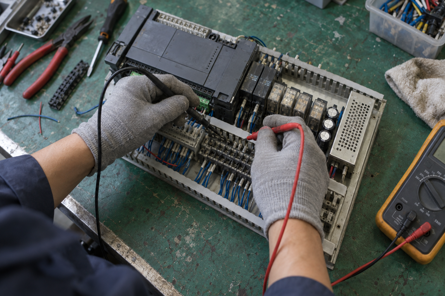 Gloved hands checking a PLC control board with test probes