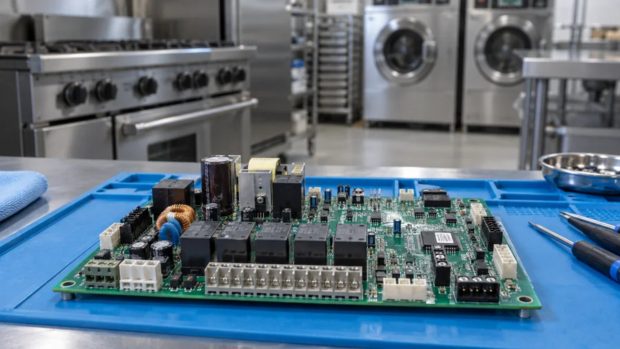 Commercial kitchen and laundry equipment control board on a repair bench