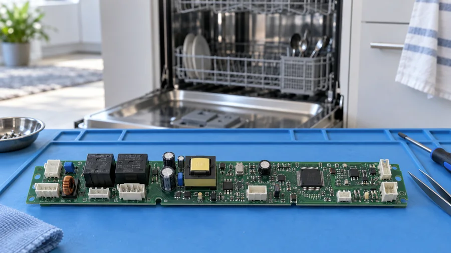 Dishwasher control board with pump and heater switching circuits