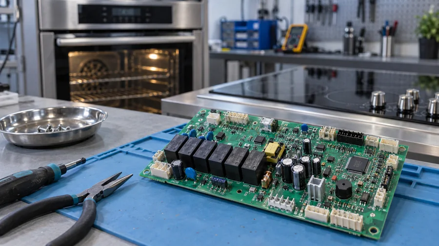 Oven range and cooktop relay control board on a repair bench