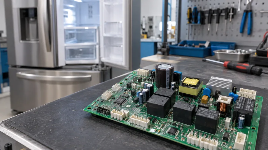 Refrigerator and freezer control board on an electronics repair bench