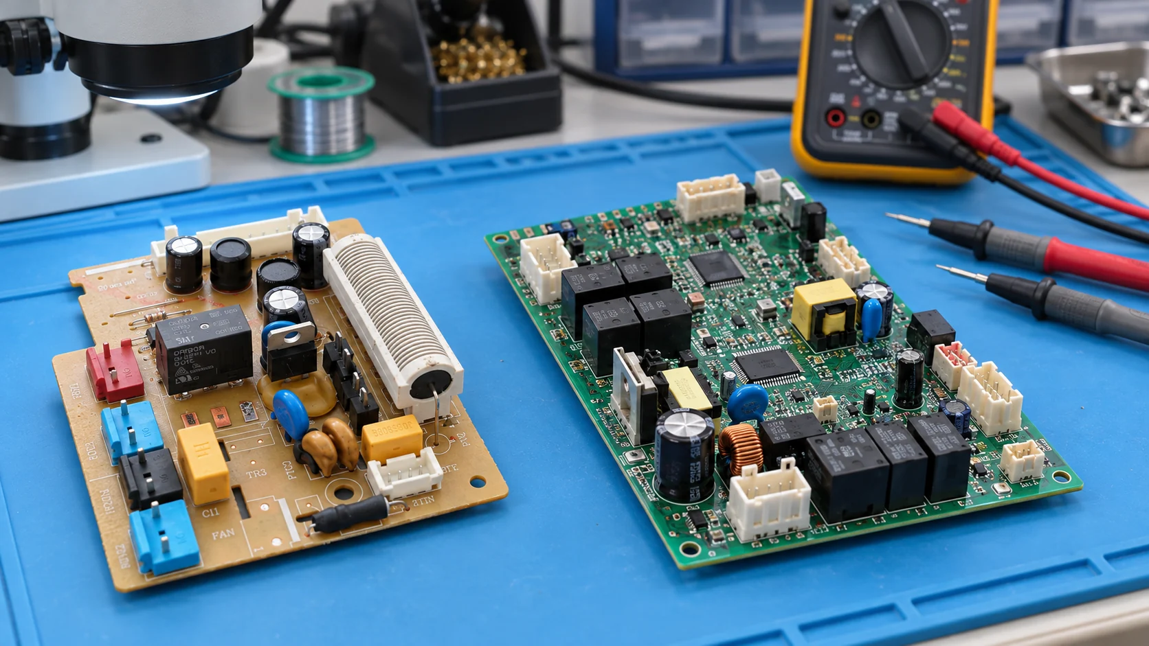 Two appliance control boards arranged on an electronics test bench for repeat and small-batch repair intake