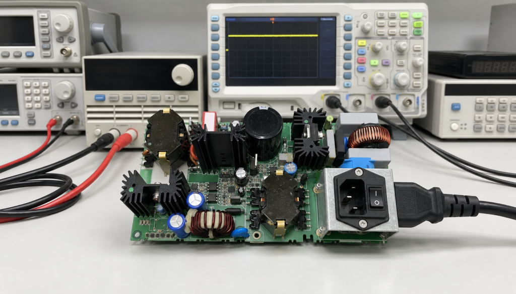 Reconstructed controlled bench check of the repaired power module