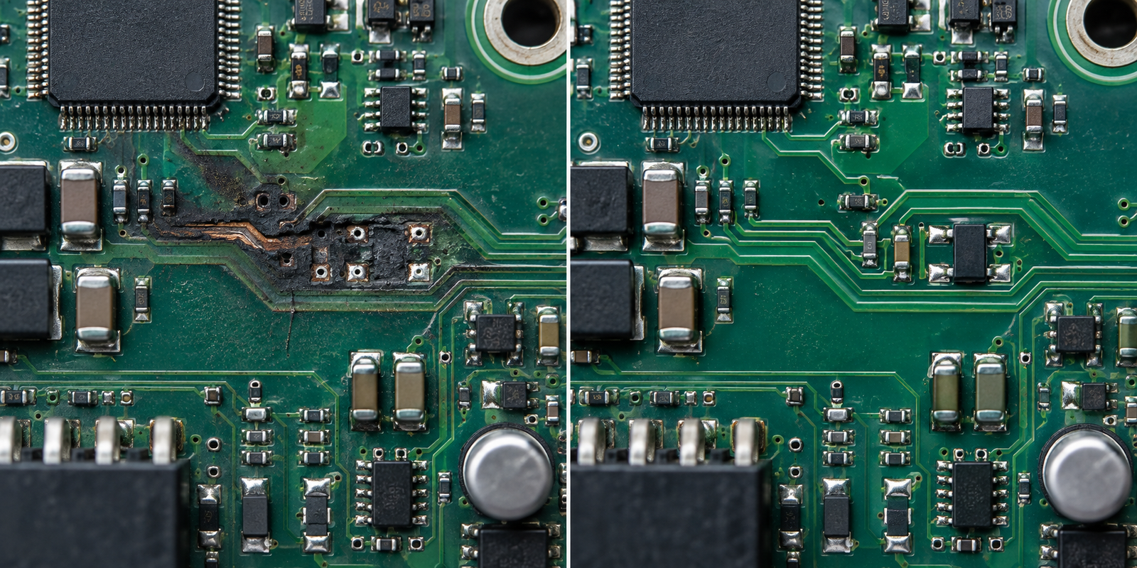 Illustrative machine control board before and after trace repair