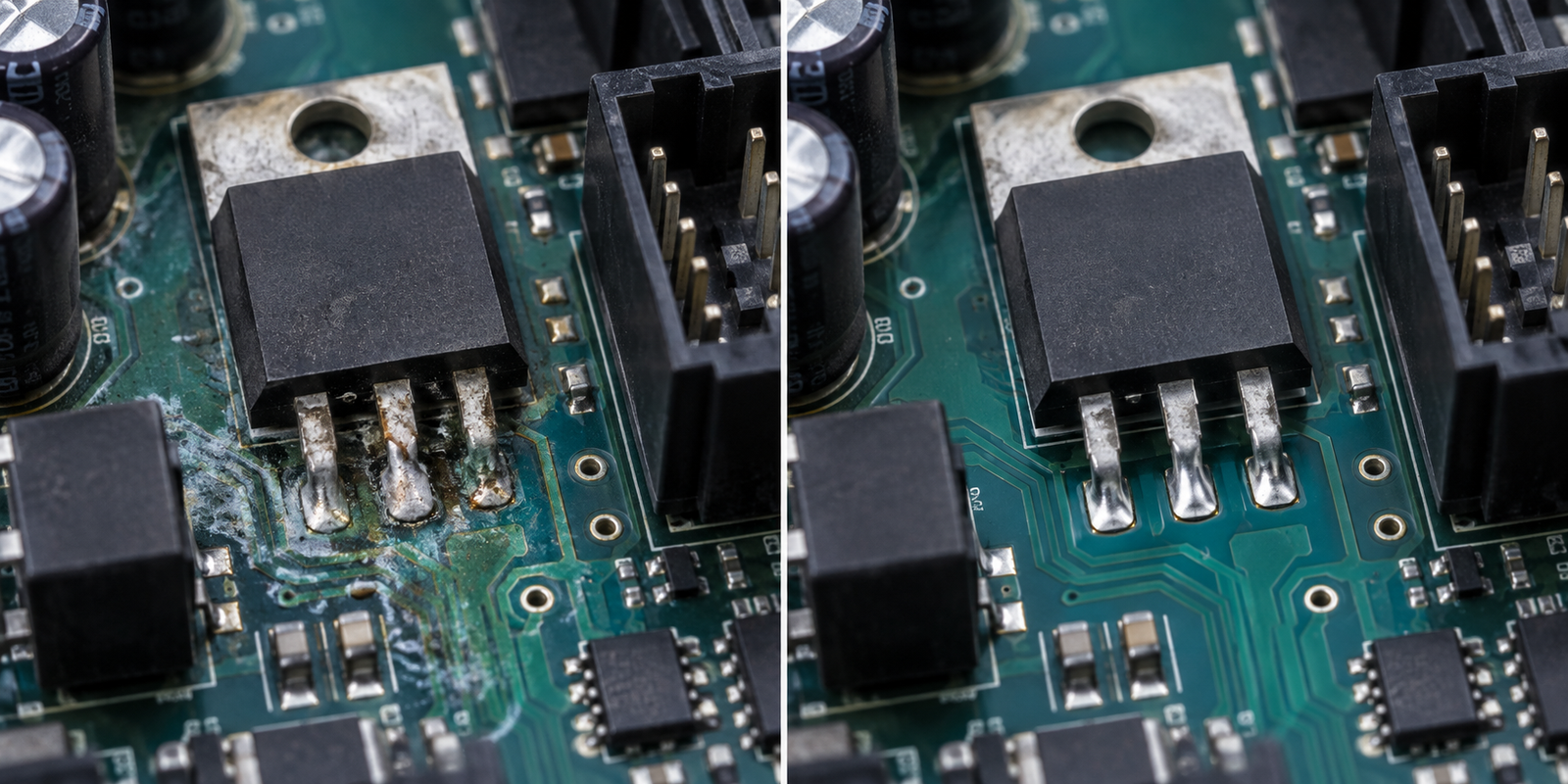Illustrative servo drive board before and after repair