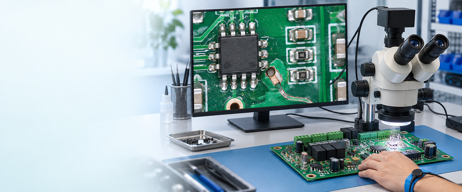 Illustrative microscope inspection setup with an enlarged PCB image on a monitor