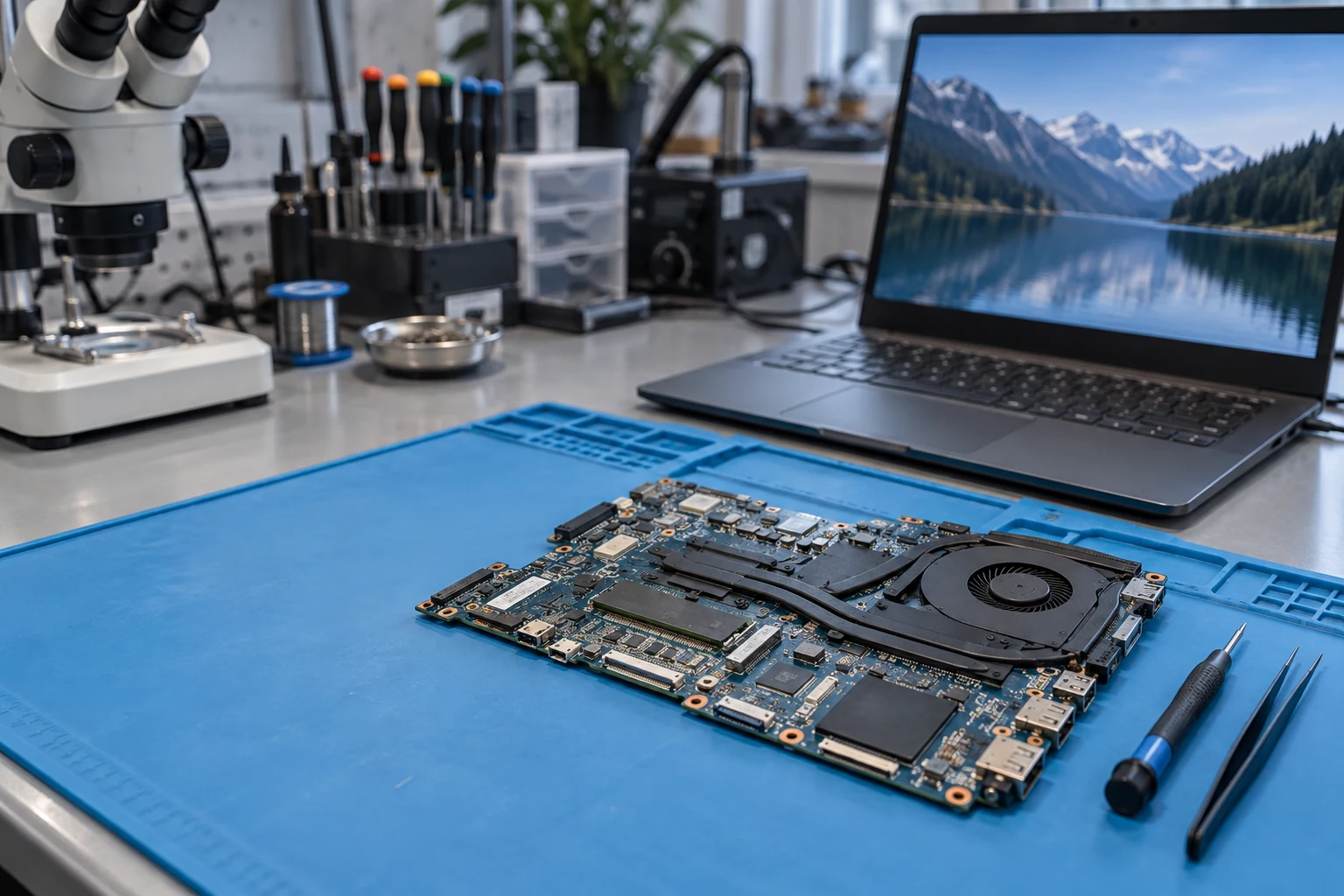 Laptop motherboard prepared for inspection beside a complete open laptop on a repair bench