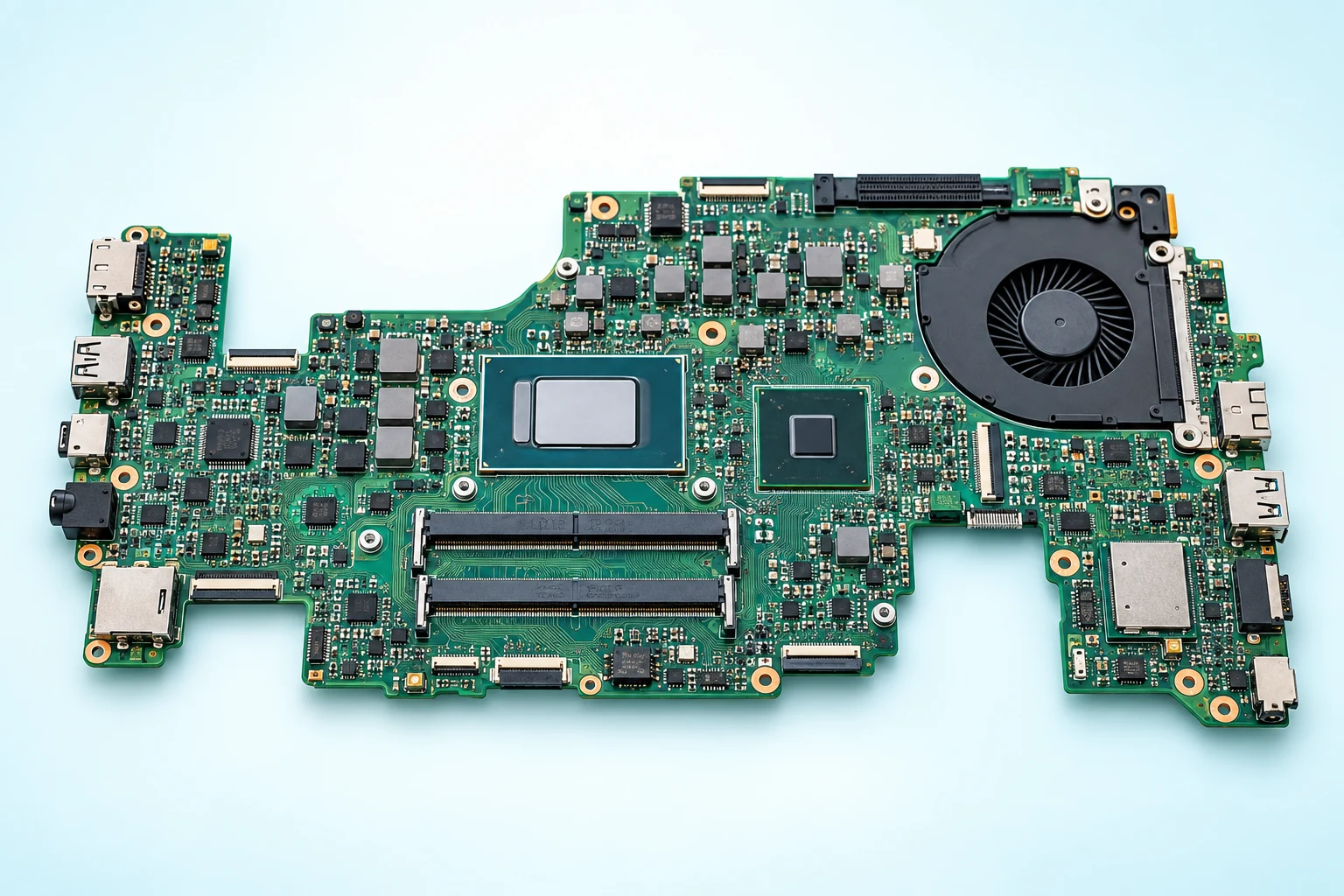 Illustrative top view of a laptop motherboard used to explain board-level repair scope
