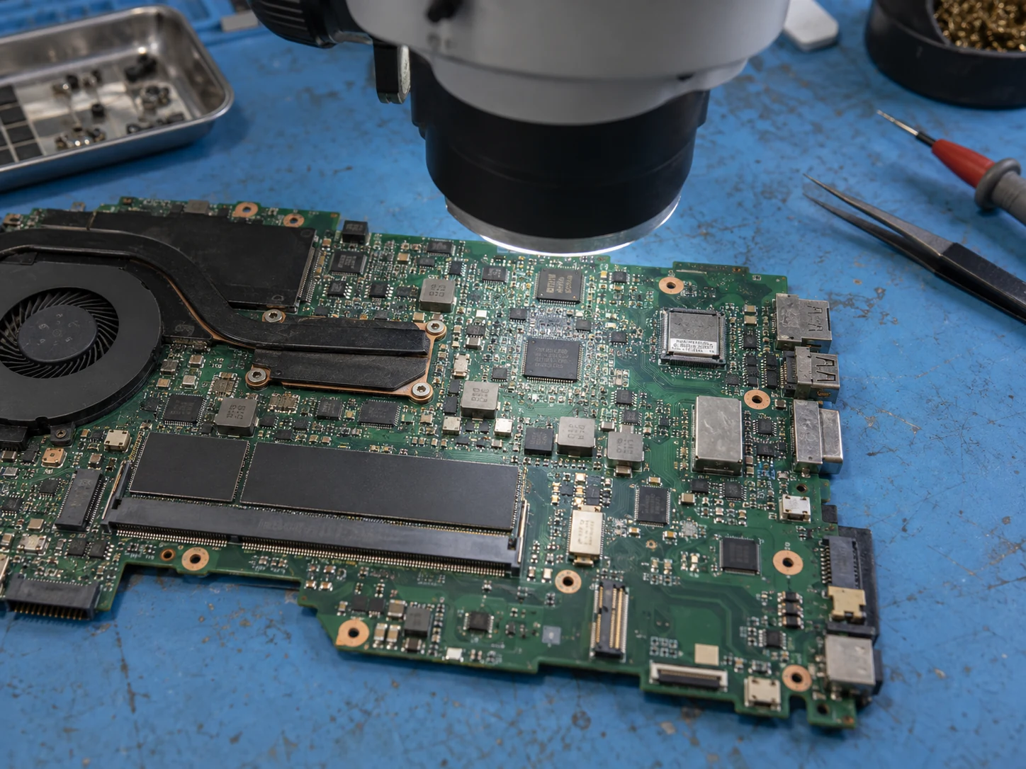 Close-up inspection of a laptop motherboard beneath a stereo microscope