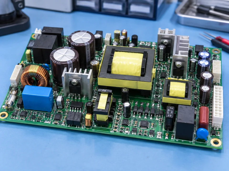 Illustrative medical equipment power supply board with transformers and power components