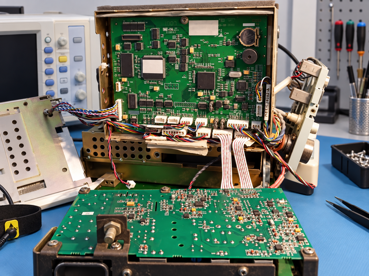 Reconstructed opened PM-8000 monitor with internal boards exposed