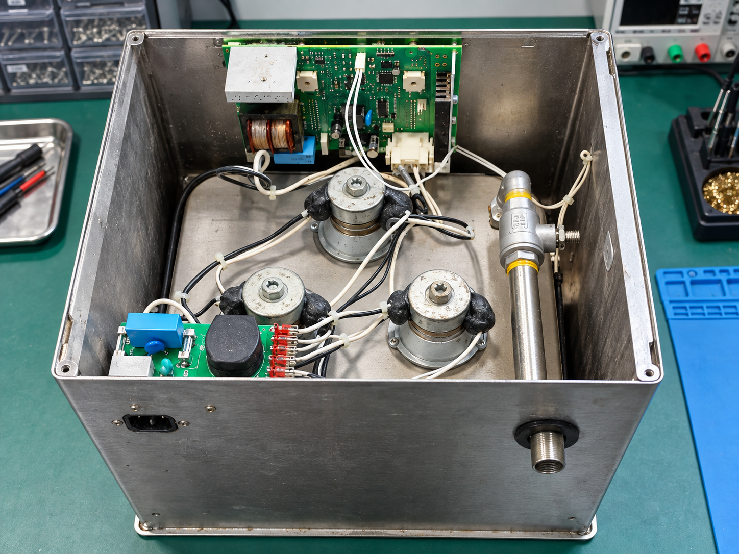 Reconstructed opened medical ultrasonic cleaner before board repair