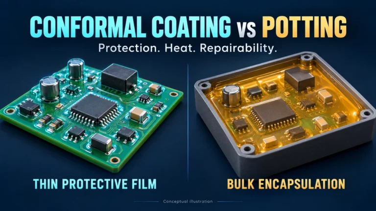 Conceptual comparison of a thin conformal coating and bulk potting around PCB components