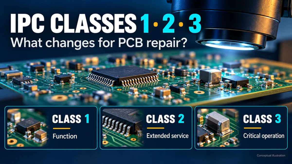 Conceptual PCB inspection illustration comparing IPC Classes 1, 2 and 3
