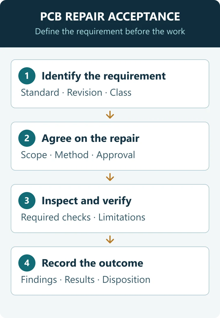 Four steps for PCB repair acceptance: identify requirements, agree scope, inspect and verify, then record the outcome